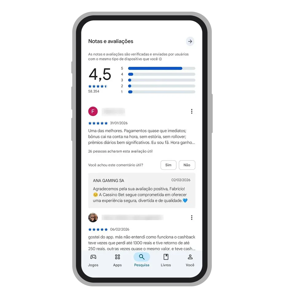 Seção de avaliações de usuários do aplicativo, com notas e comentários, conforme registrada pelo guia LegalBet.