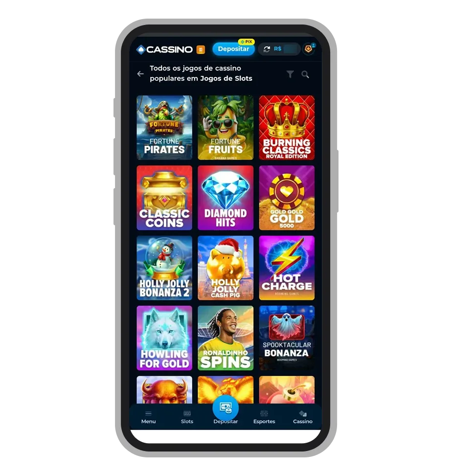 Lista de slots no app da Cassino Bet com títulos como Fortune Pirates, Diamond Hits e Howling for Gold, conforme captura do LegalBet.
