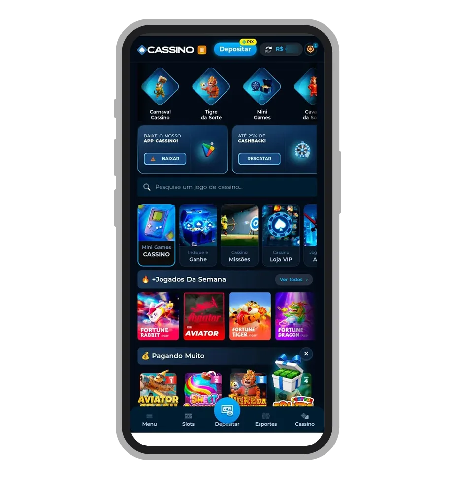 Tela inicial do aplicativo da Cassino Bet num celular Android, com vitrine de jogos e botão de depósito, conforme captura do guia LegalBet.