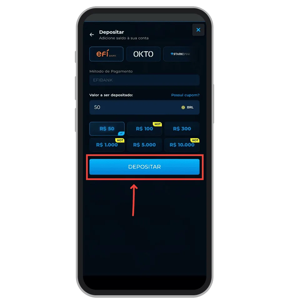 Tela de depósito do app da Cassino Bet com campo de valor e botão de gerar o código Pix, conforme o LegalBet.