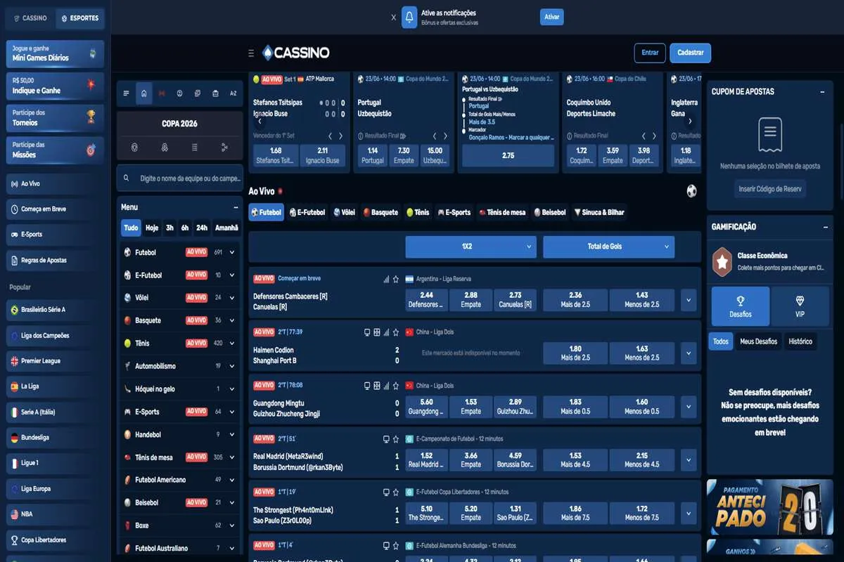 Painel de apostas esportivas da Cassino Bet no navegador, com mercados ao vivo de futebol, vôlei e basquete e um cupom de apostas vazio à direita.