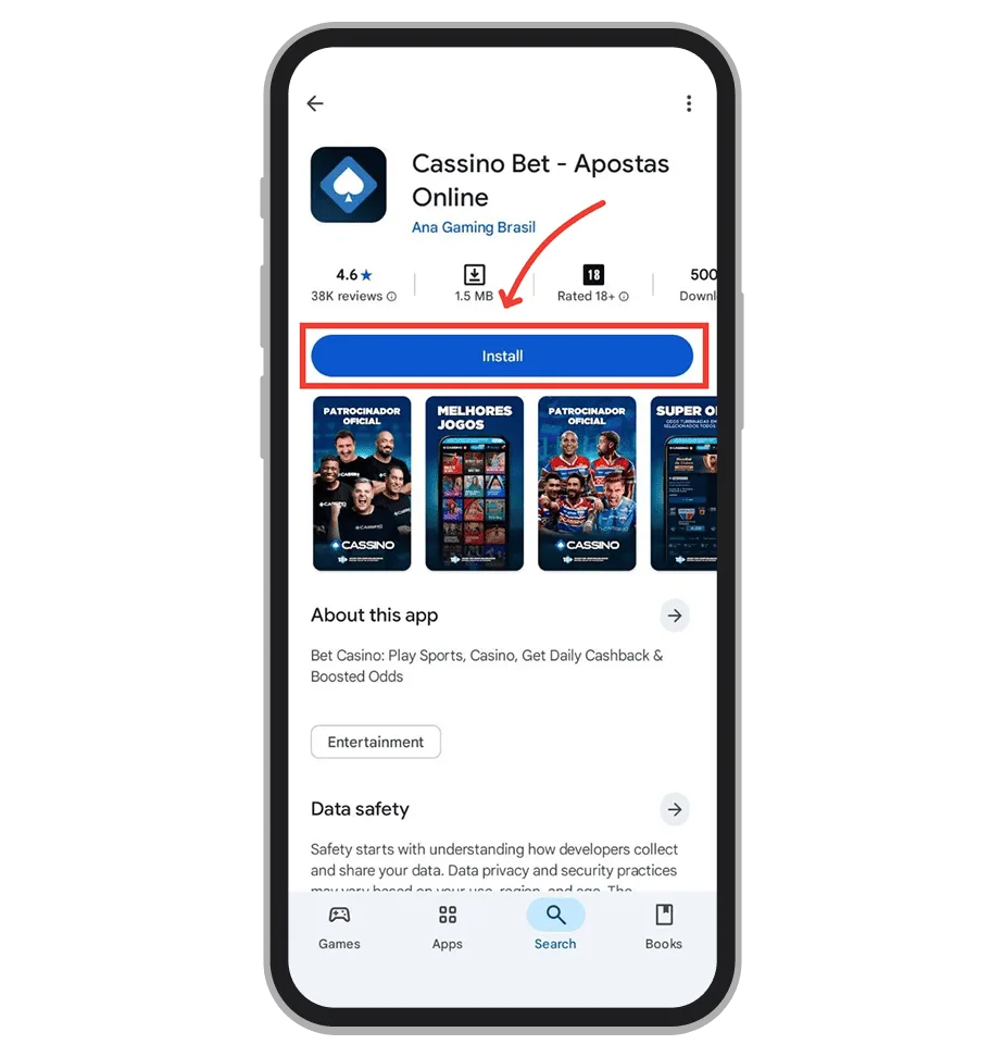 Página do aplicativo na Google Play com o botão Instalar em destaque, na sequência publicada pelo LegalBet.