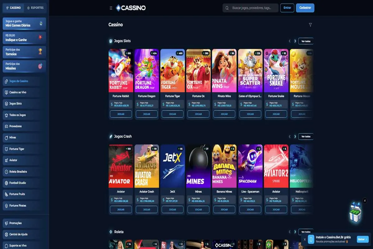 Lobby de cassino da plataforma Cassino Bet no desktop, com fileiras de slots e jogos crash, em imagem publicada pelo Bolavip.