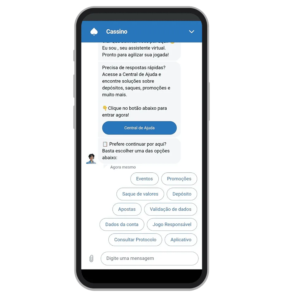 Janela de chat de atendimento aberta dentro do app da Cassino Bet, pronta para receber a pergunta do usuário.