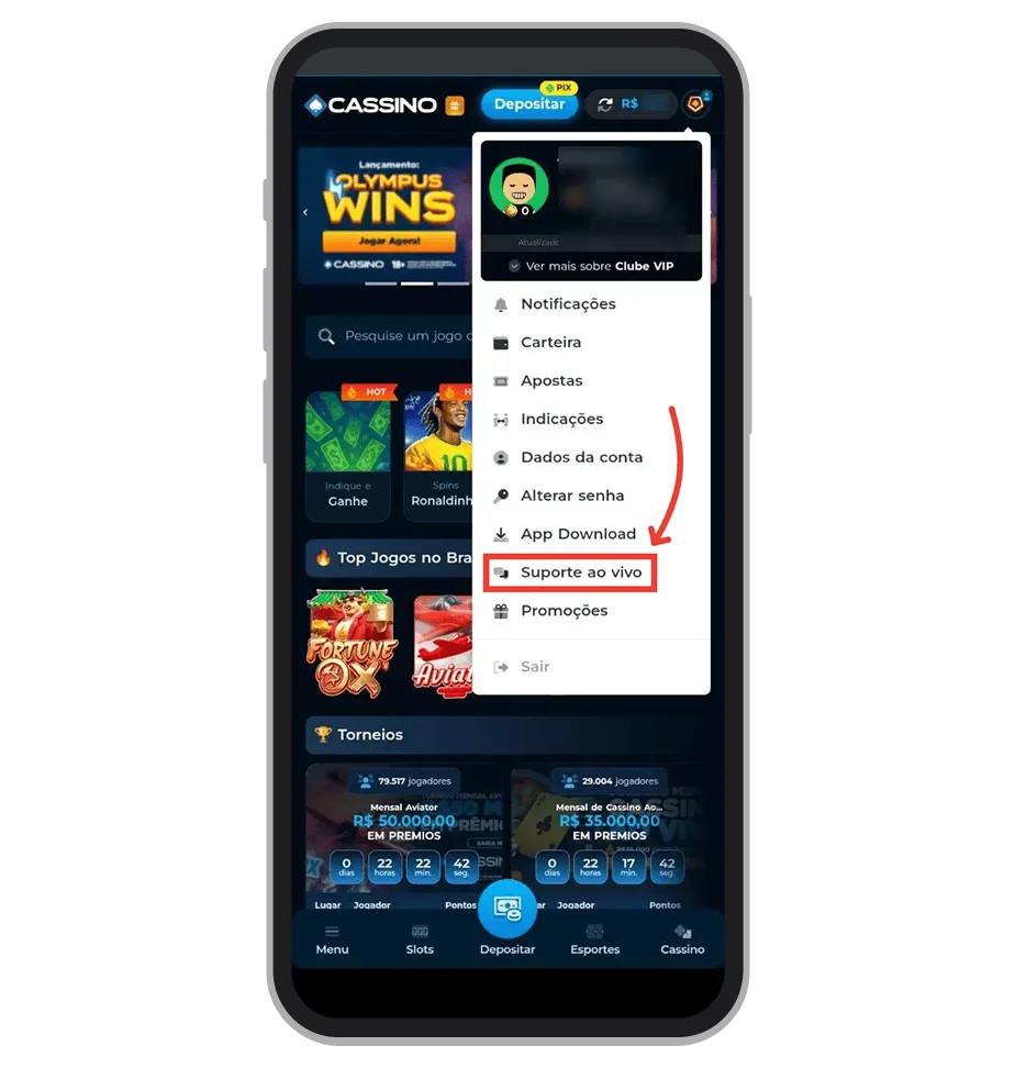 Menu da conta no app da Cassino Bet com a opção Suporte ao vivo destacada, conforme o passo a passo do LegalBet.